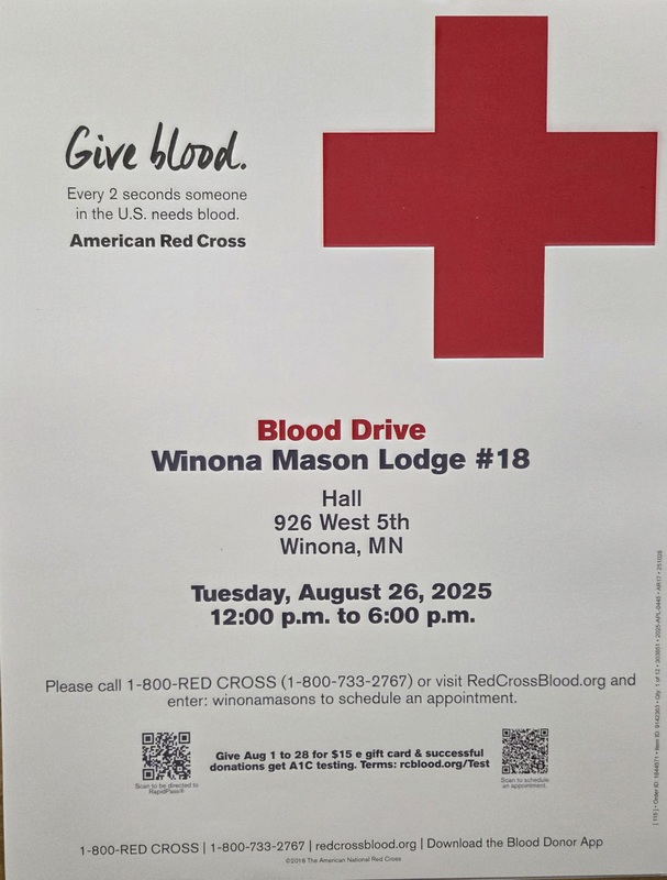 Blood Drive a Winona Lodge 18 926 West 5th Street Aug 26